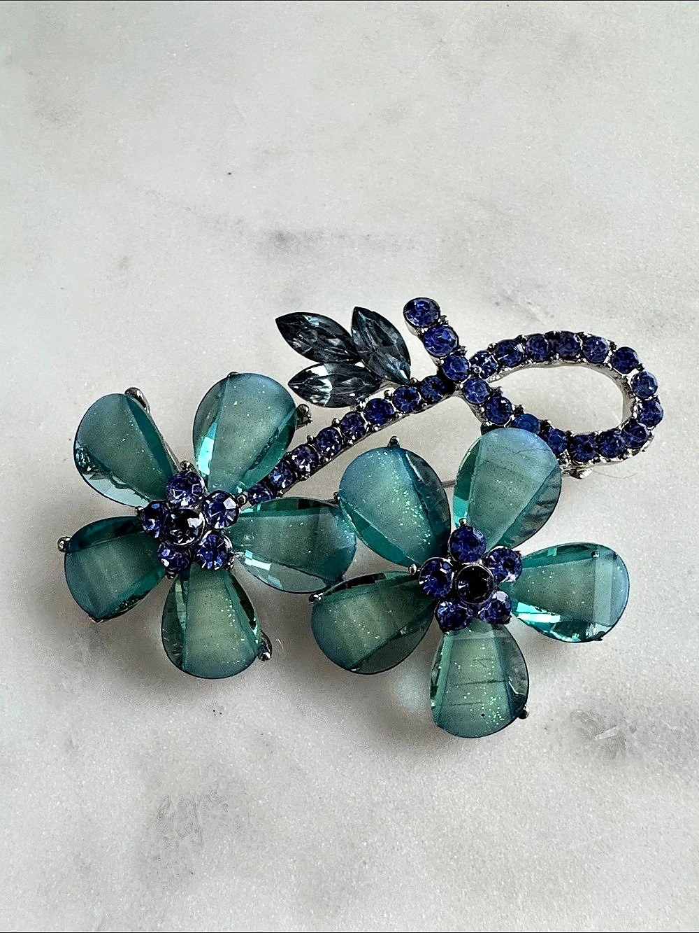 Floral Blue & Green Brooch Like New